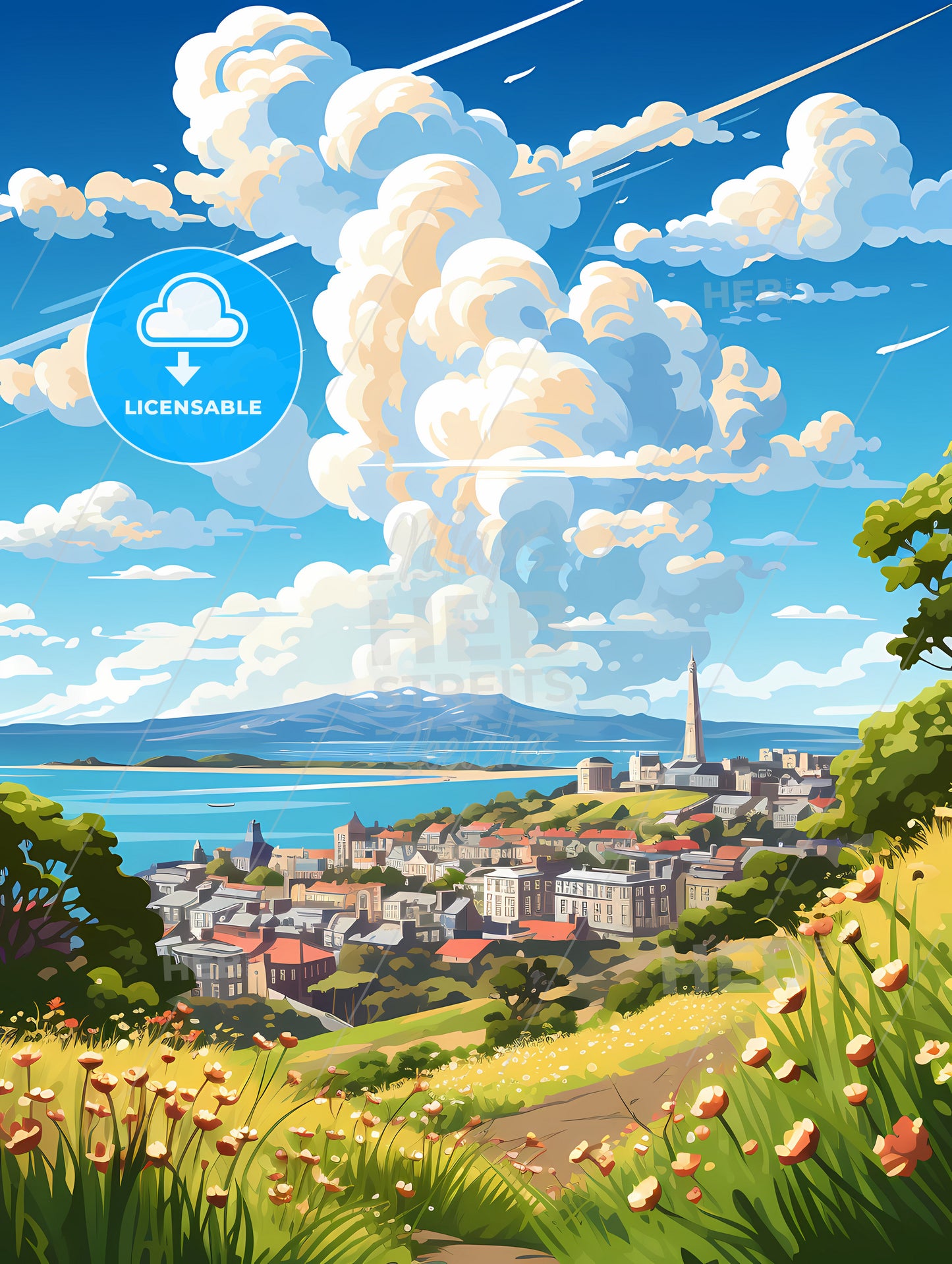 A Landscape Of A City With A Body Of Water And Clouds