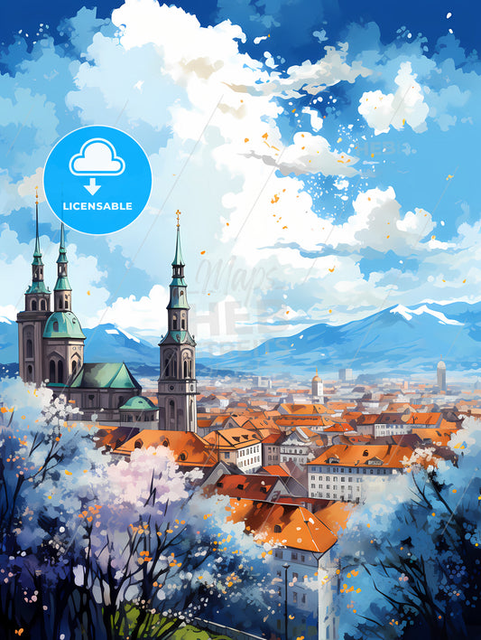 A City With A Church And Mountains In The Background