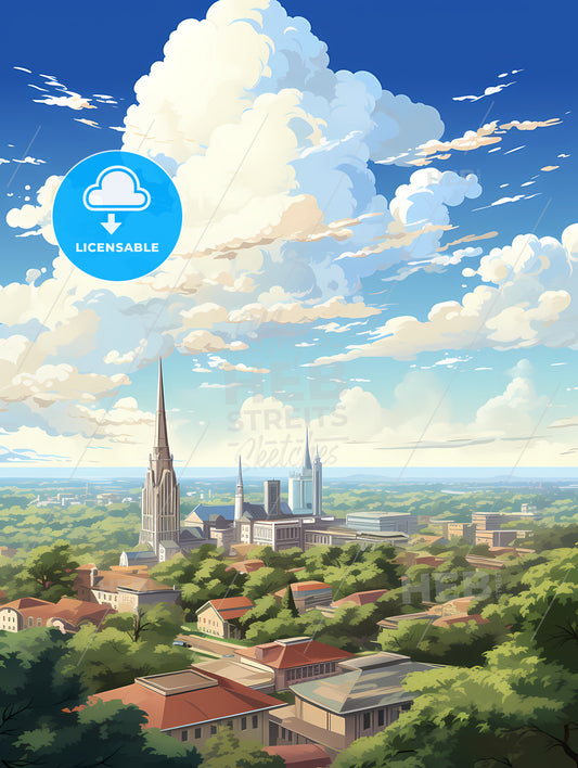 A City With A Tall Spire And Trees