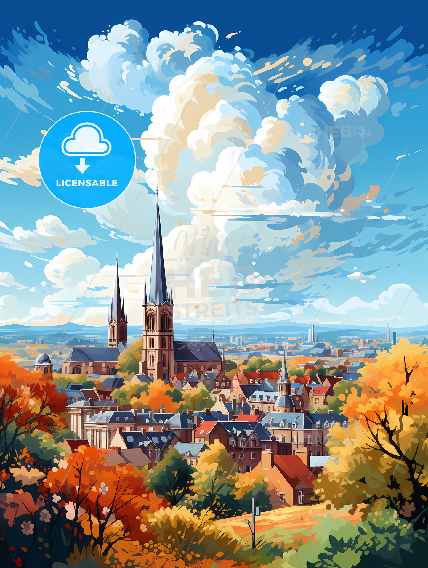 A City With A Church And Trees