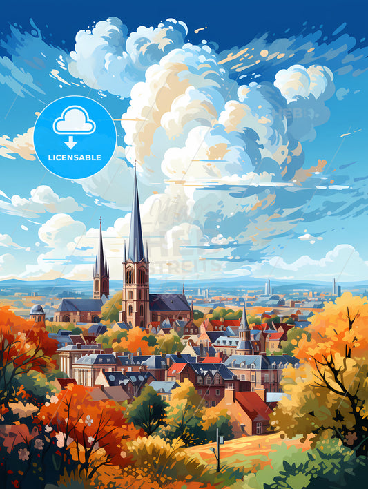 A City With A Church And Trees