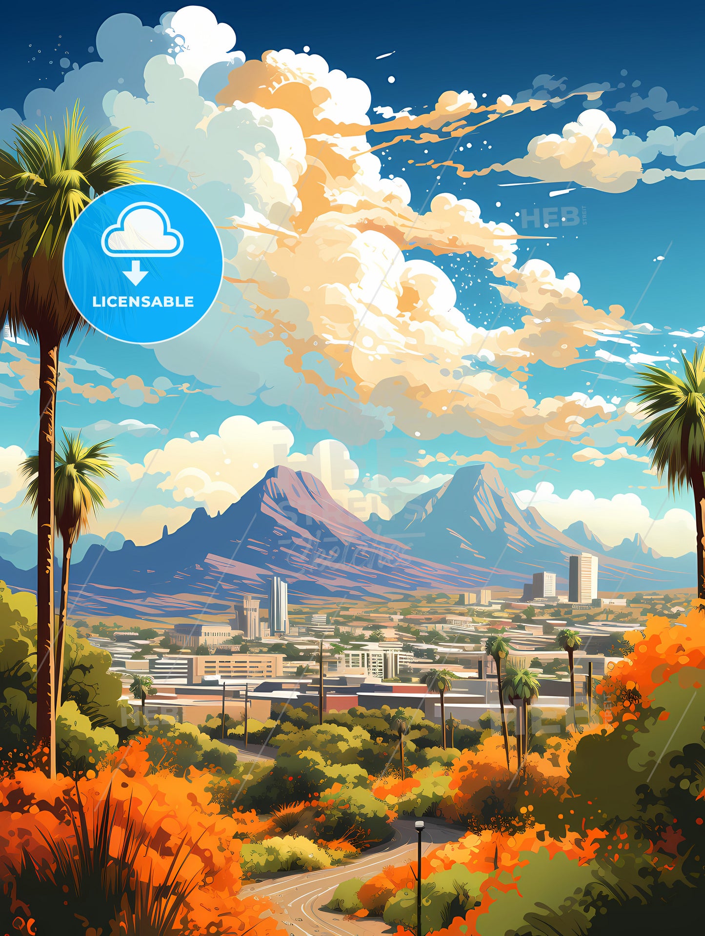 A Landscape Of A City With Mountains And Trees