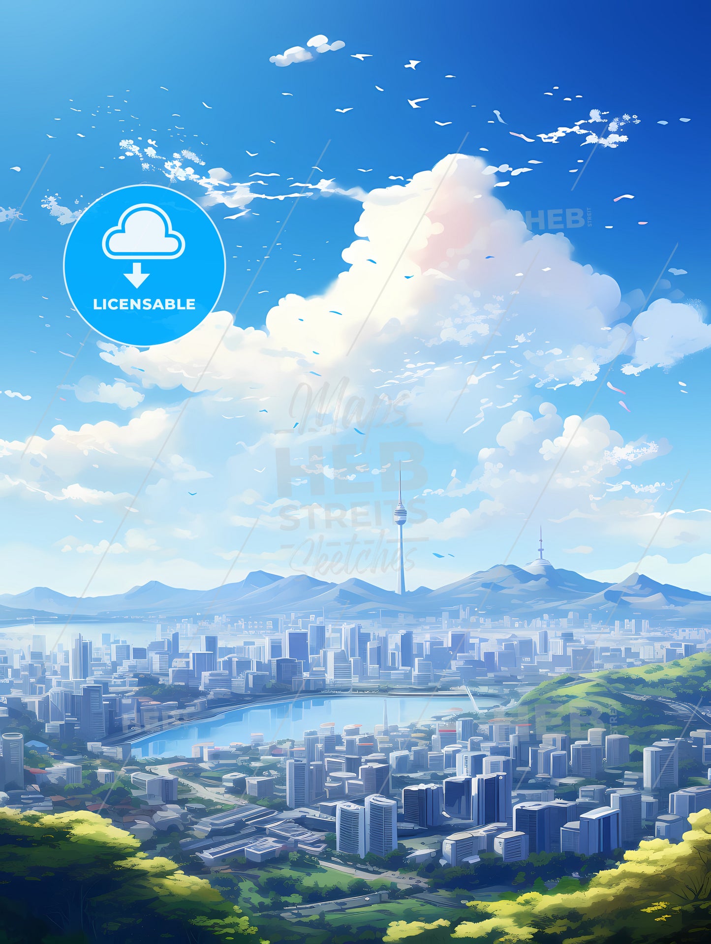 A City With A Lake And Mountains In The Background