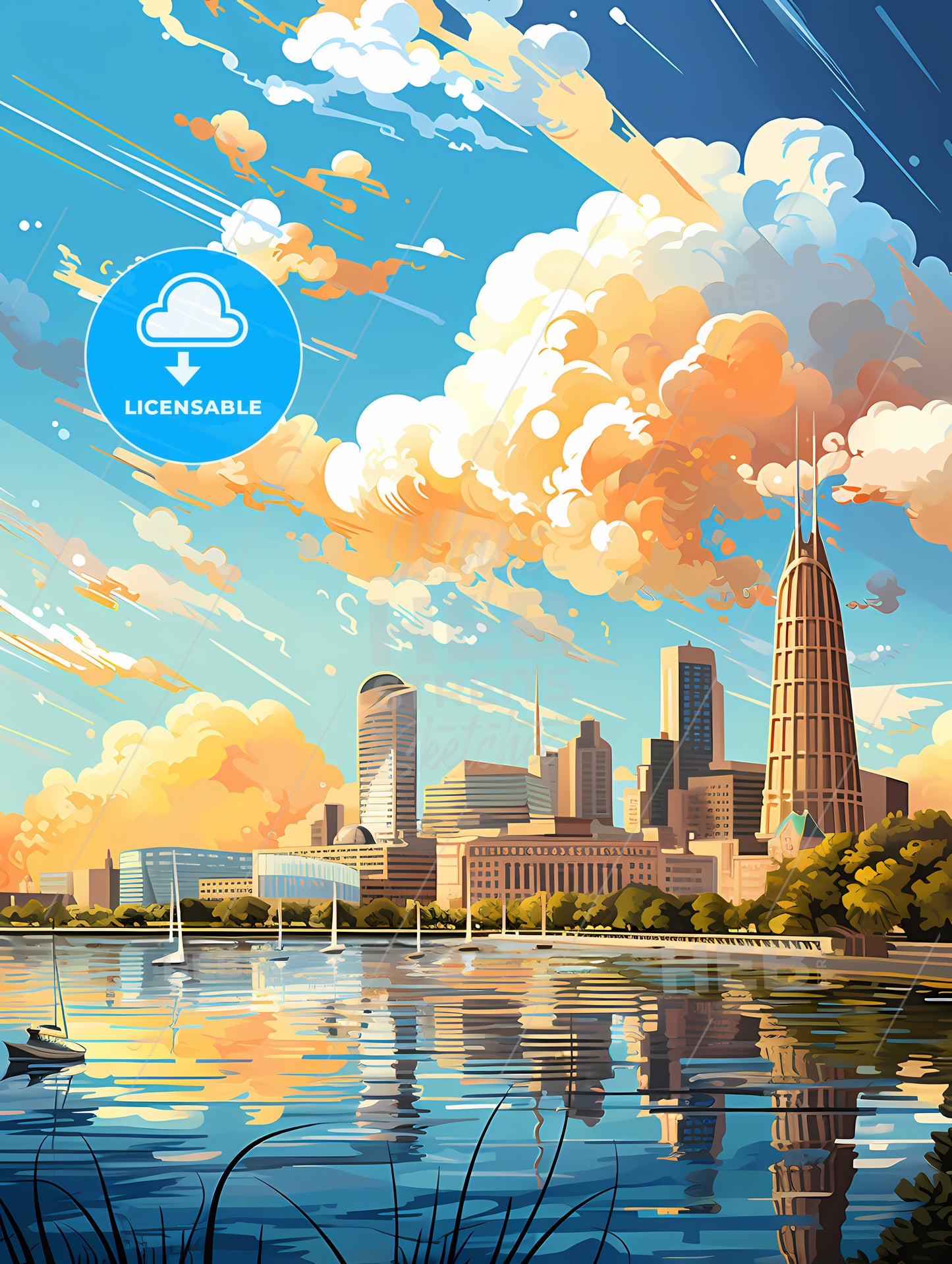 A City Skyline With Boats On Water And Clouds In The Sky