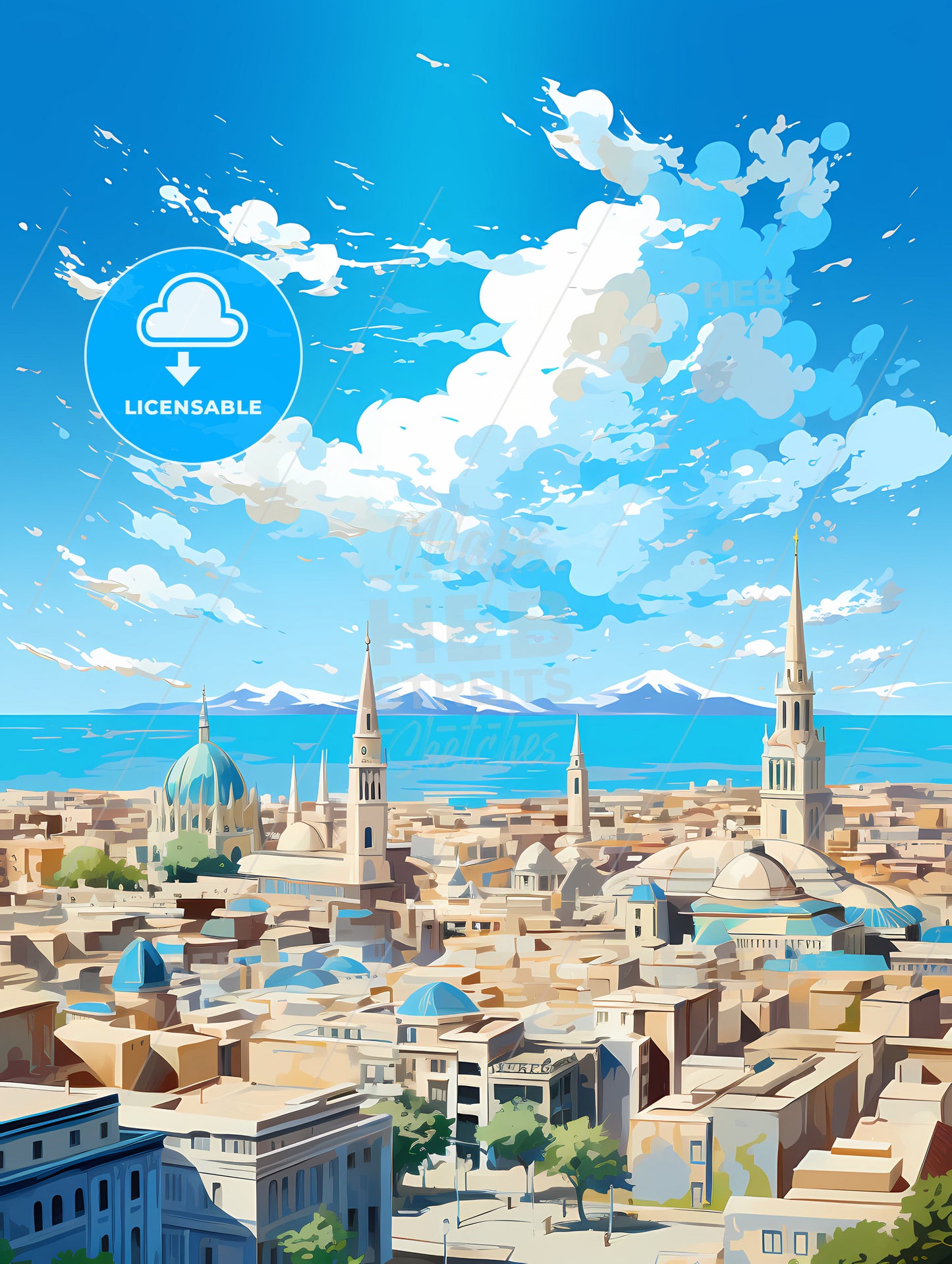 A City With Many Towers And A Body Of Water