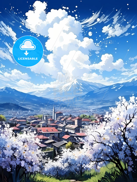 A City With A Mountain In The Background