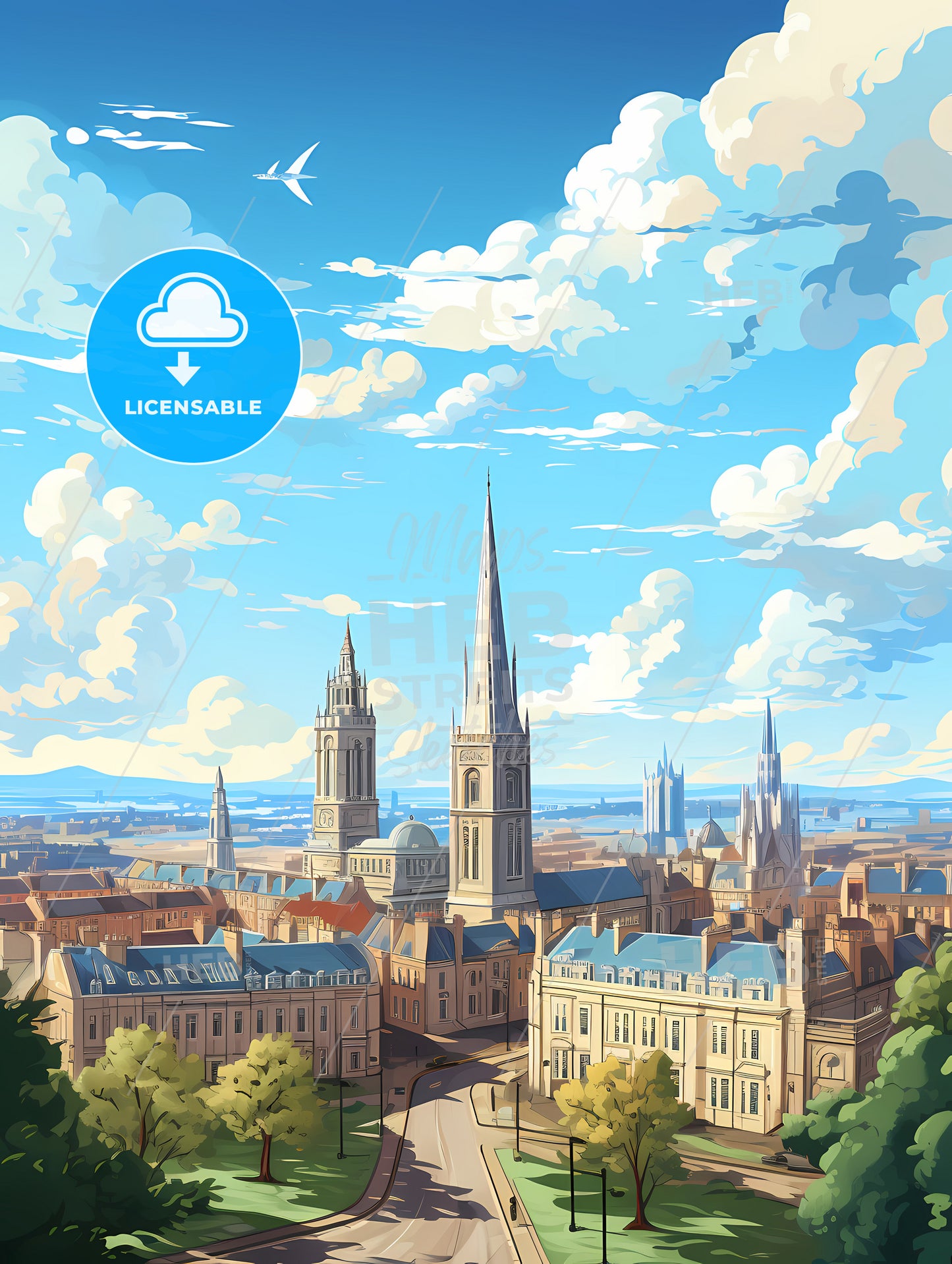 A City With A Tall Spire And A Blue Sky With Clouds