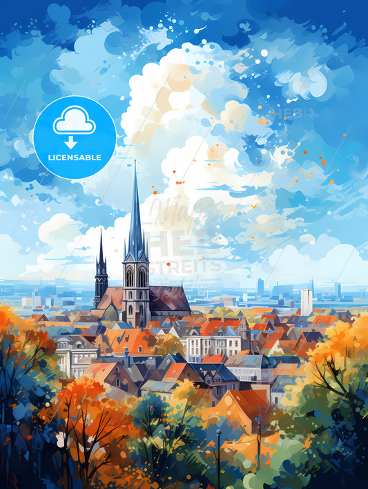 A City With A Church And Trees