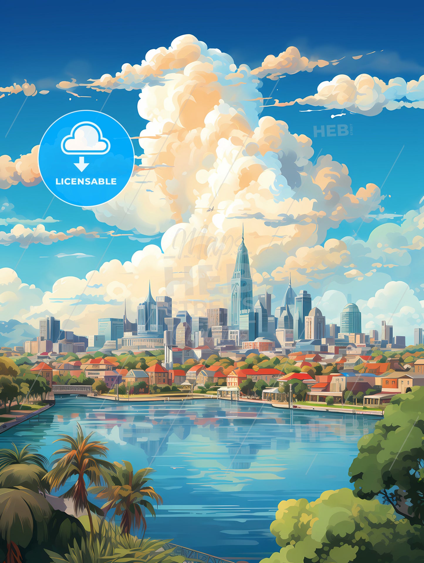 A Cityscape With A River And Trees