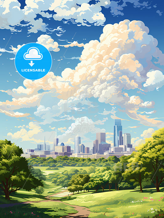 A Landscape Of A City With Trees And A Blue Sky With Clouds