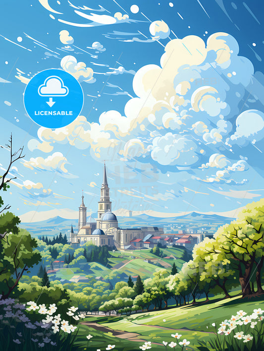 A Landscape With Trees And A Building