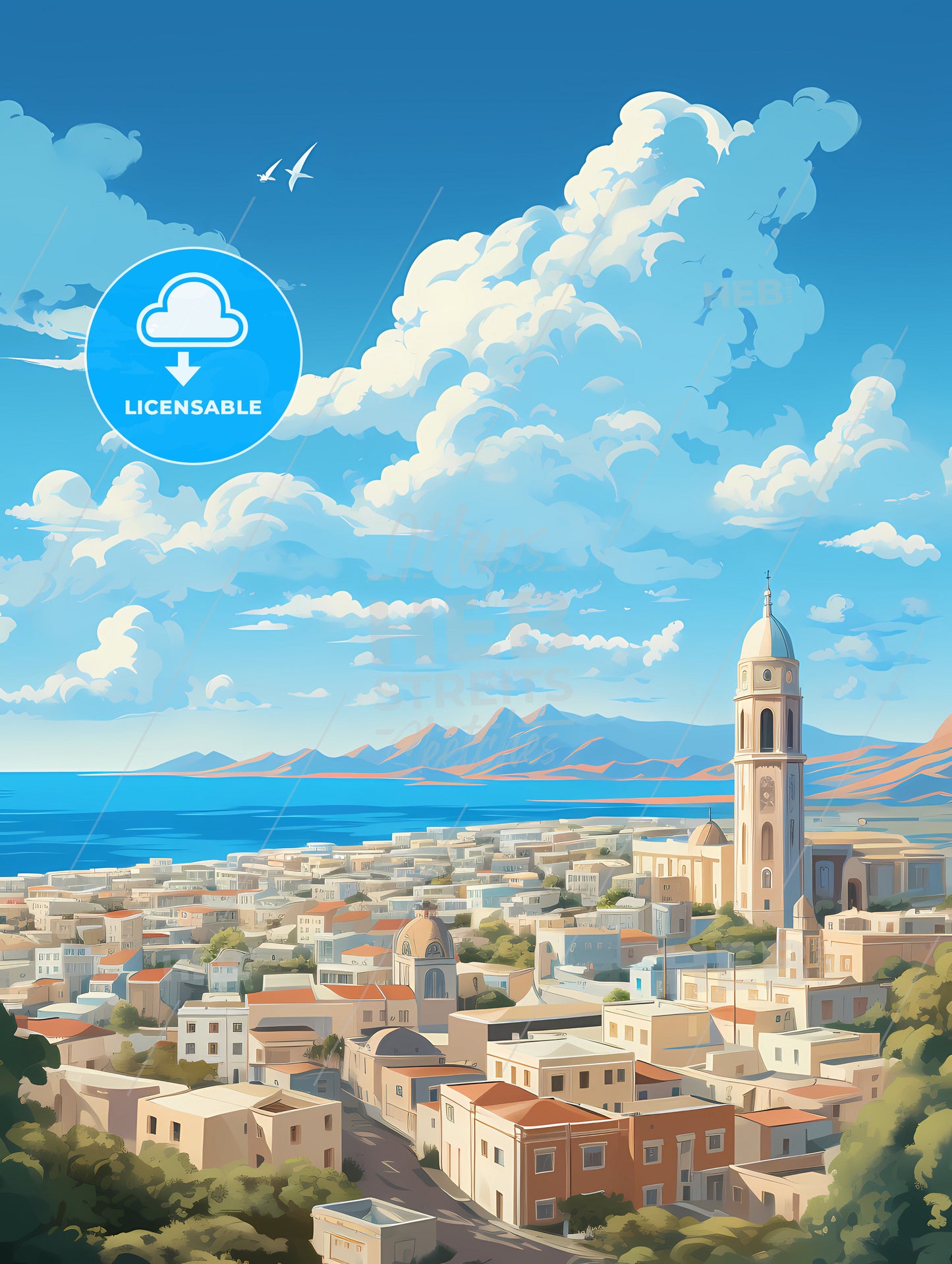 A City With A Tower And A Body Of Water