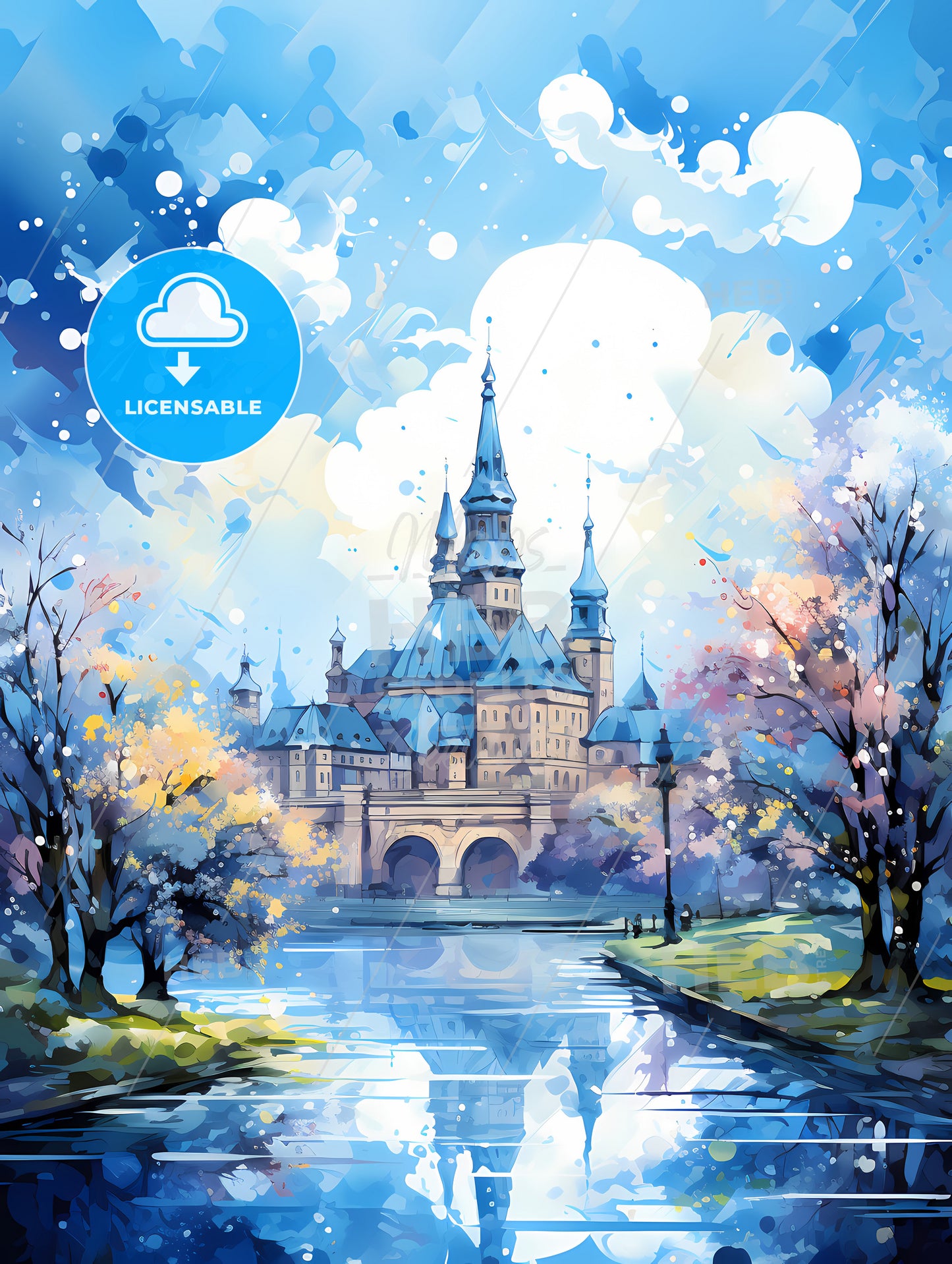 A Painting Of A Castle With Trees And Water