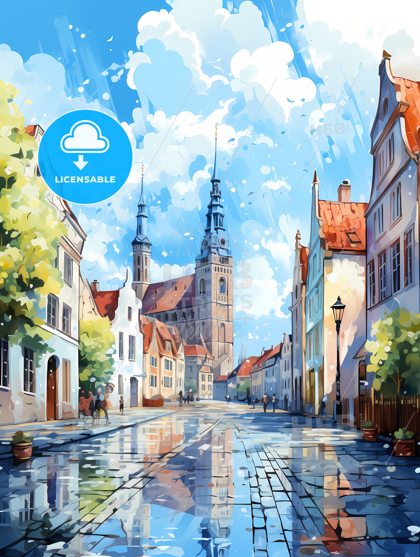 A Street With Buildings And A Church In The Background