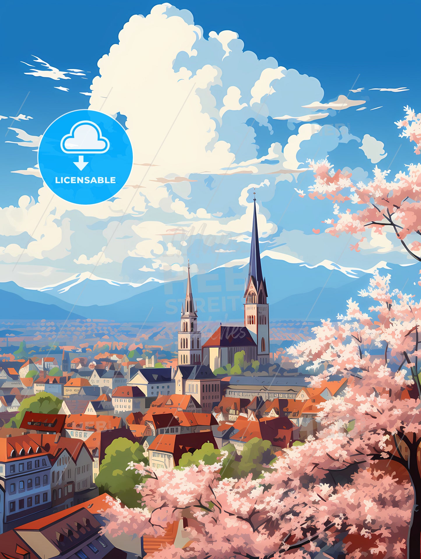 A City With A Church And Trees