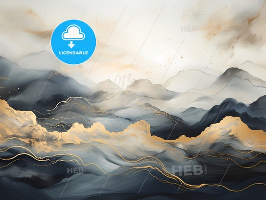 A Painting Of Mountains With Gold Lines