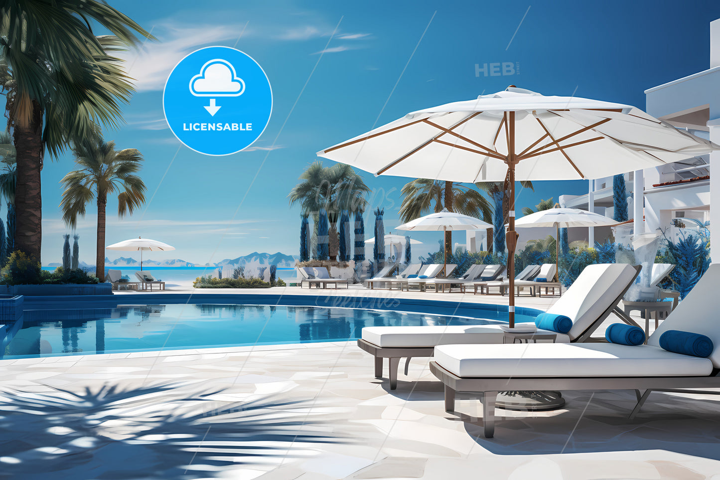 A Pool With Umbrellas And Chairs