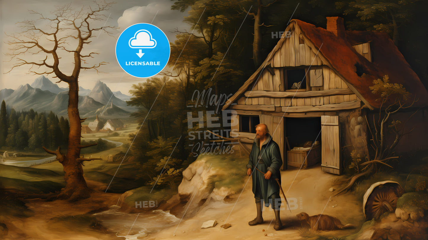 A Painting Of A Man Standing In Front Of A House