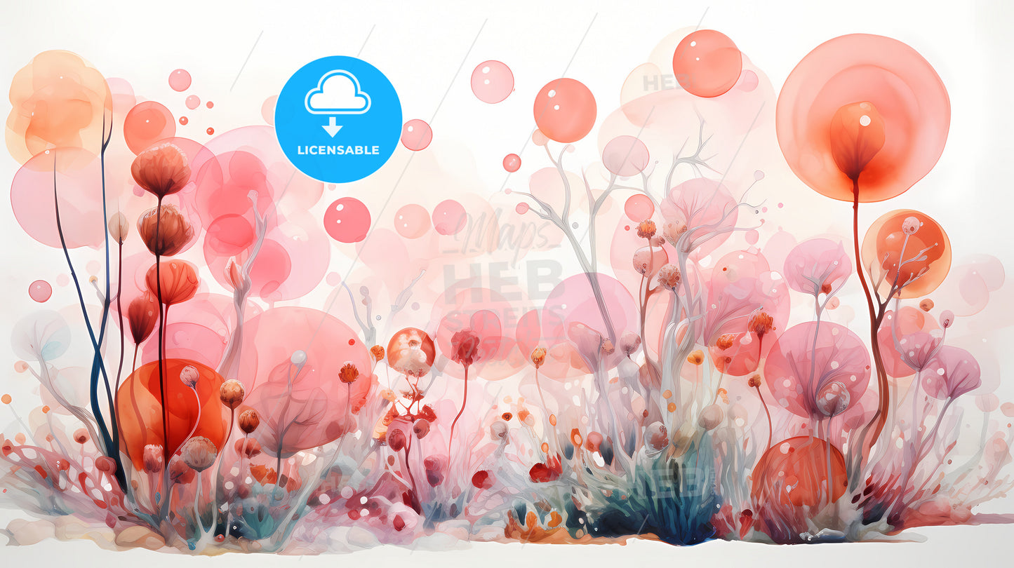 A Watercolor Painting Of Plants And Bubbles