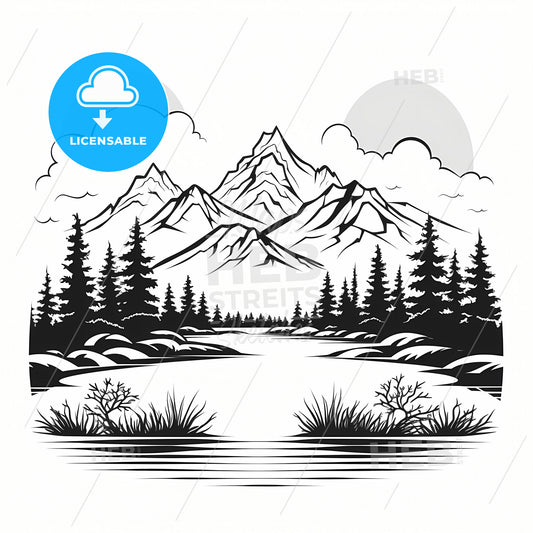 A Black And White Drawing Of A Mountain Range