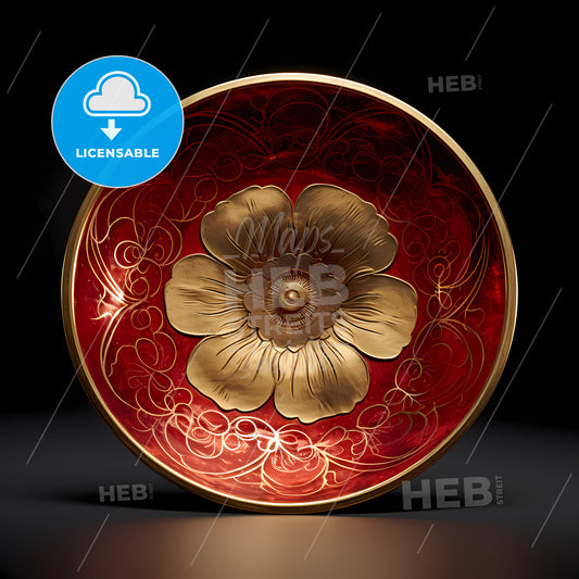 A Red And Gold Plate With A Flower On It