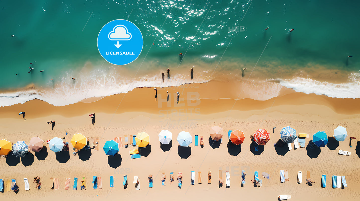 A Beach With Umbrellas And People On The Beach