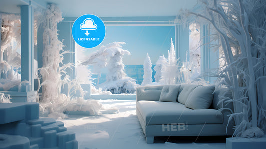 A Room With A Couch And Snow Covered Trees