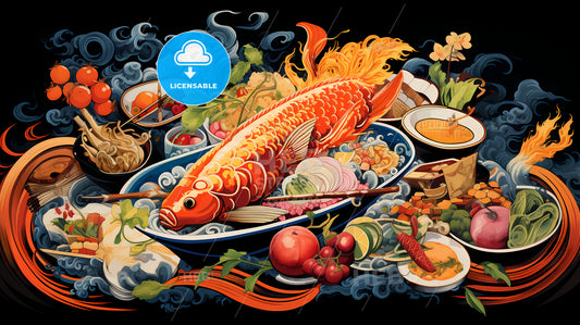 A Painting Of A Fish And Food
