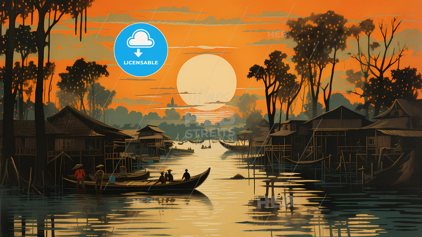 A Painting Of A River With Boats And Houses And Trees