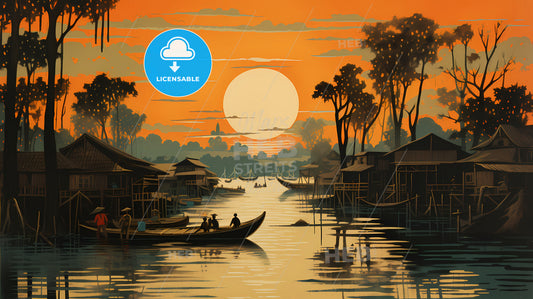 A Painting Of A River With Boats And Houses And Trees