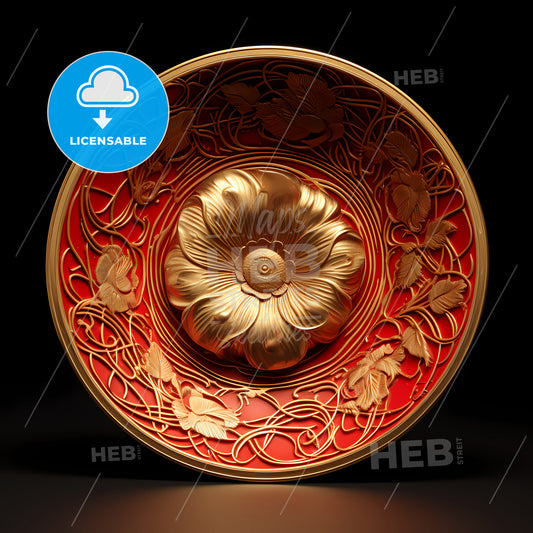 A Gold And Red Plate With A Flower