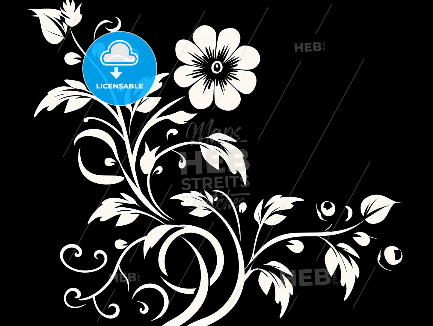 A White Flower With Leaves On A Black Background