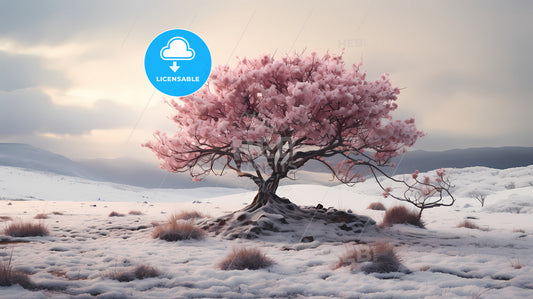A Tree With Pink Blossoms In Snow
