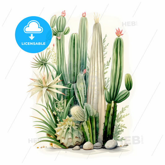 A Group Of Cactuses And Plants