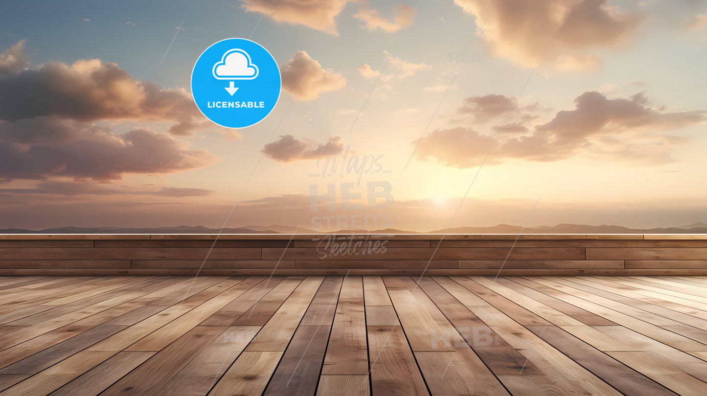 A Wooden Deck With A View Of The Ocean And Mountains In The Background