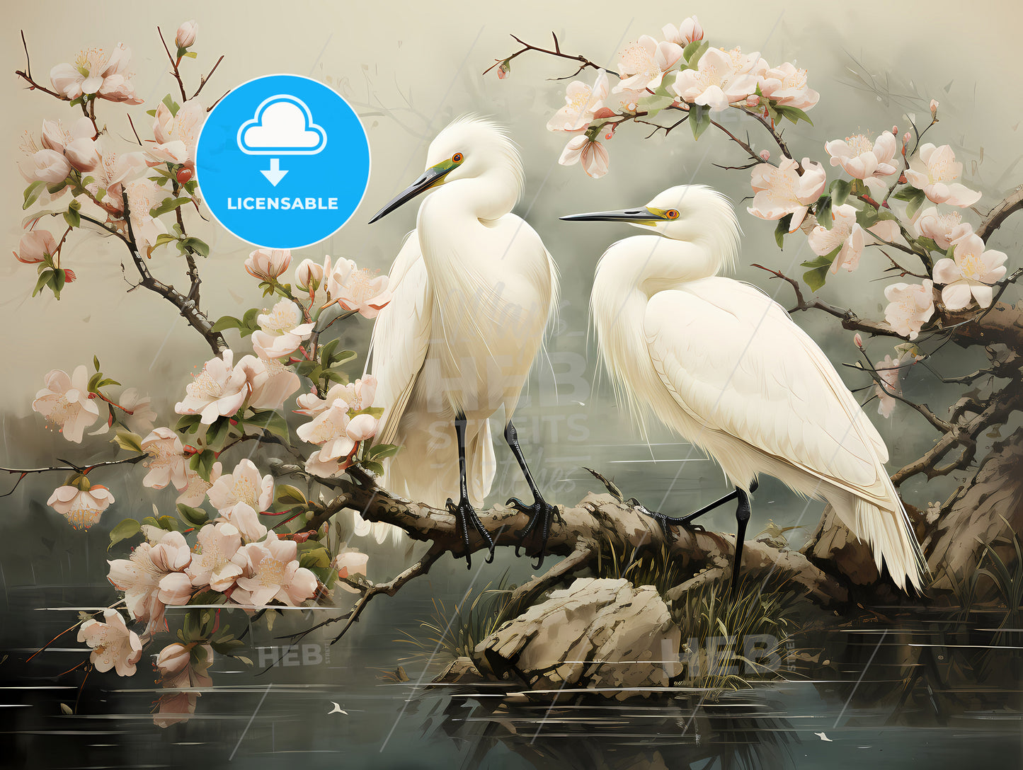 A Couple Of White Birds On A Branch With Flowers