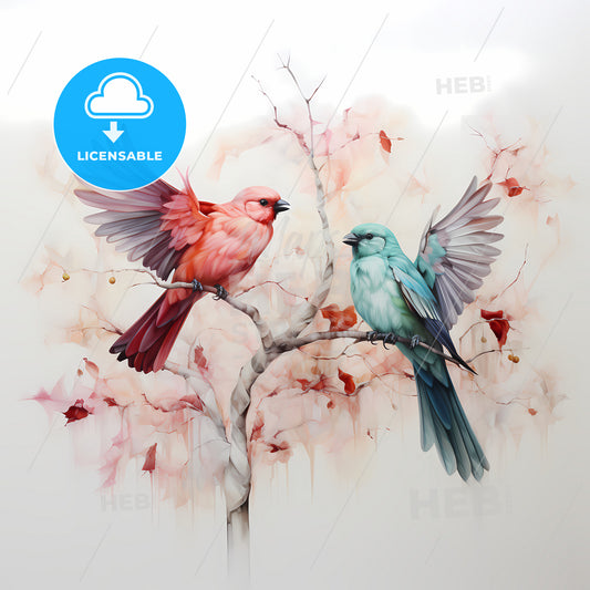 A Couple Of Birds Sitting On A Tree Branch