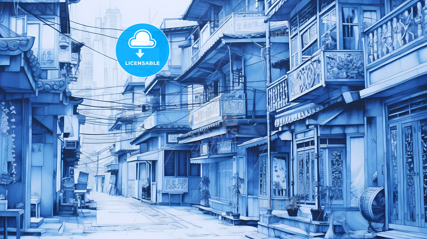 A Street With Buildings And Wires