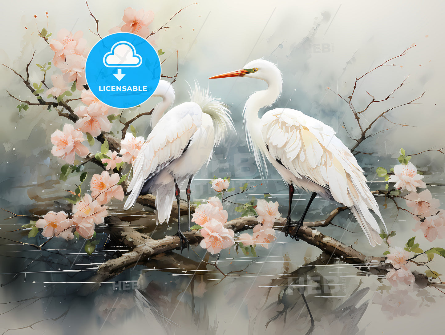 A Couple Of White Birds On A Branch With Pink Flowers