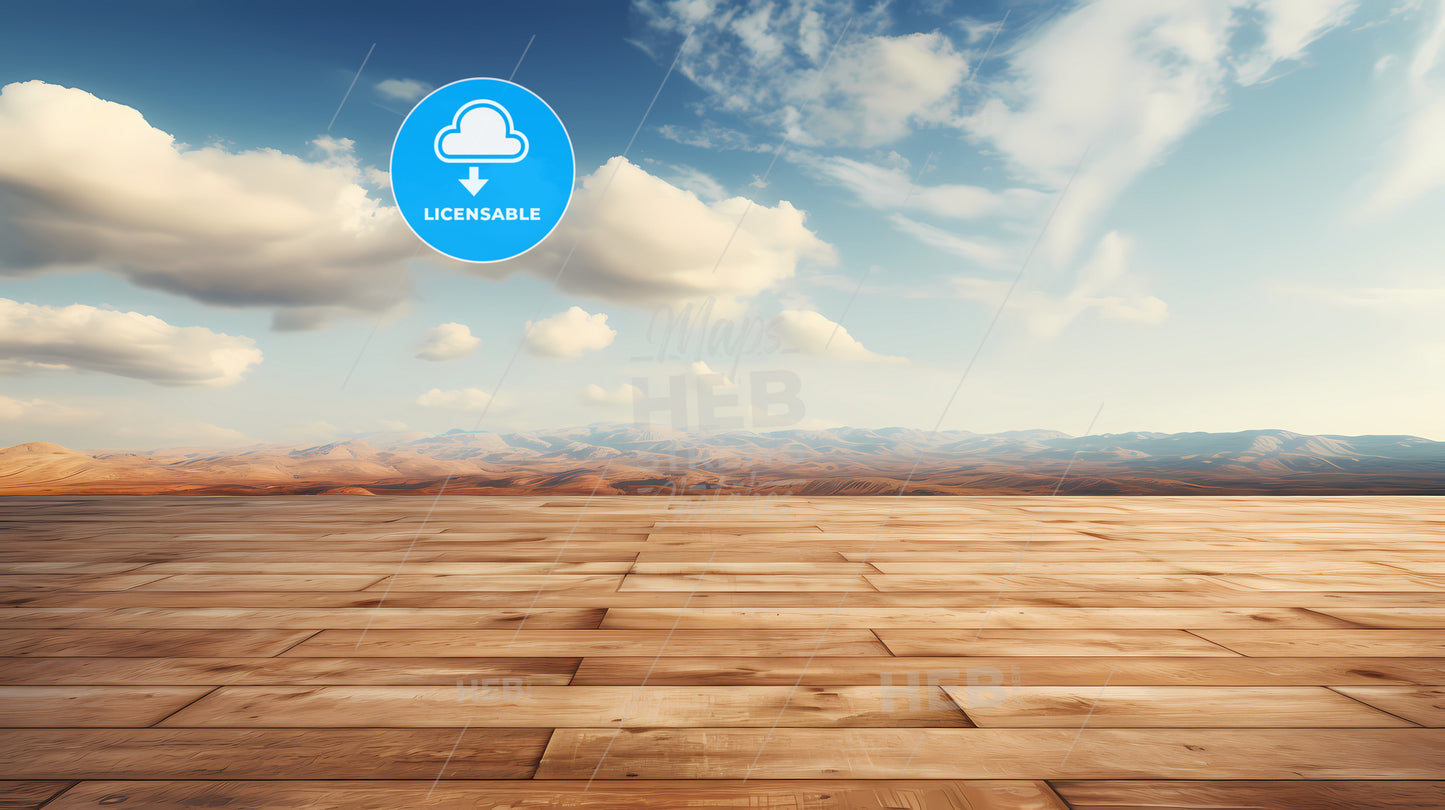 A Wooden Floor With Mountains In The Background