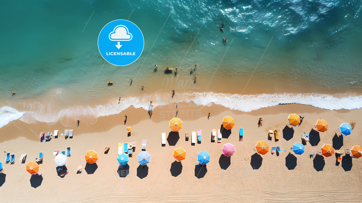 A Group Of People On A Beach With Umbrellas