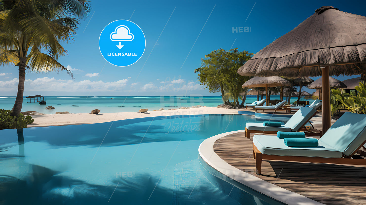 A Pool With Lounge Chairs And A Thatched Roof On A Beach