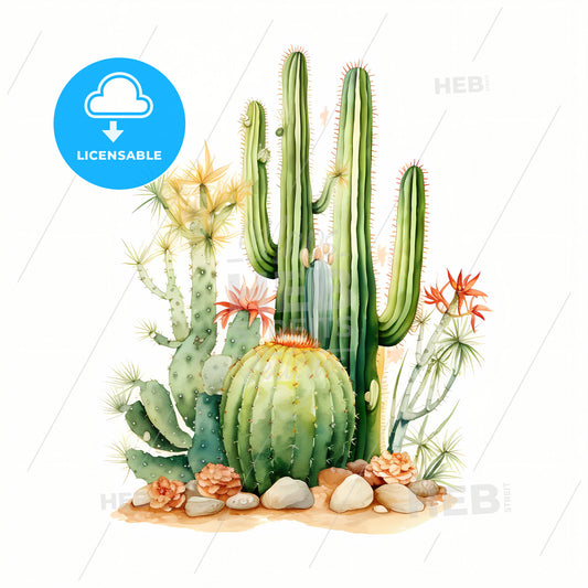 A Group Of Cactuses And Flowers