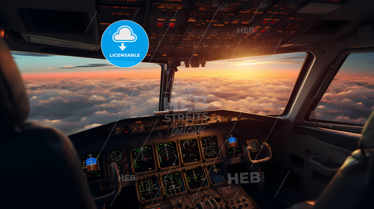 The Cockpit Of An Airplane With The Sun Shining Through The Clouds