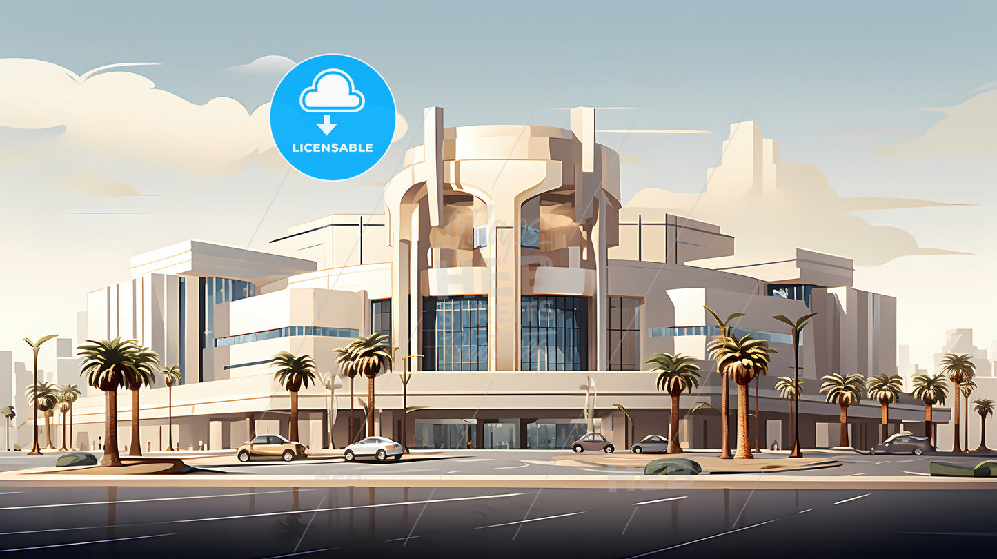 A Building With Palm Trees And Cars Parked In Front Of It