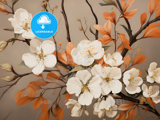 A Painting Of White Flowers And Orange Leaves