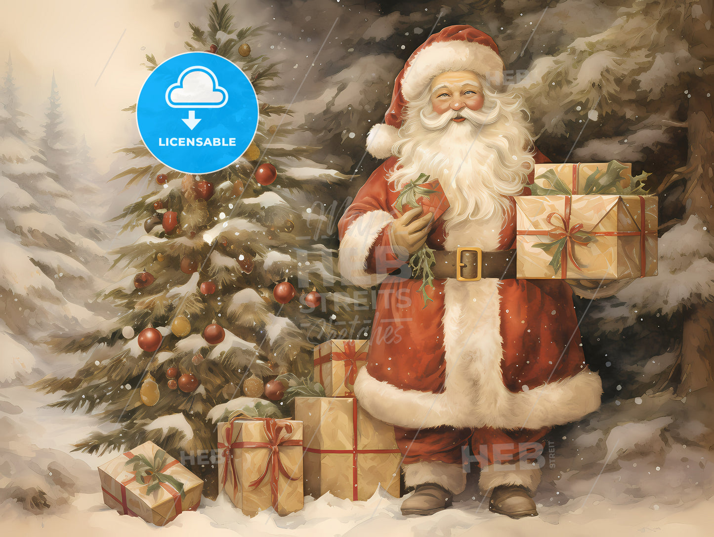 A Painting Of A Santa Claus Holding Presents