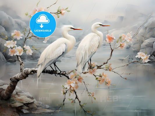 A Couple Of White Birds On A Branch With Pink Flowers