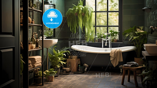 A Bathroom With Plants And A Tub