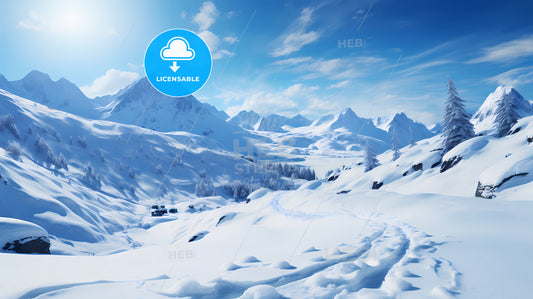 A Snowy Mountain Landscape With A Path And Trees